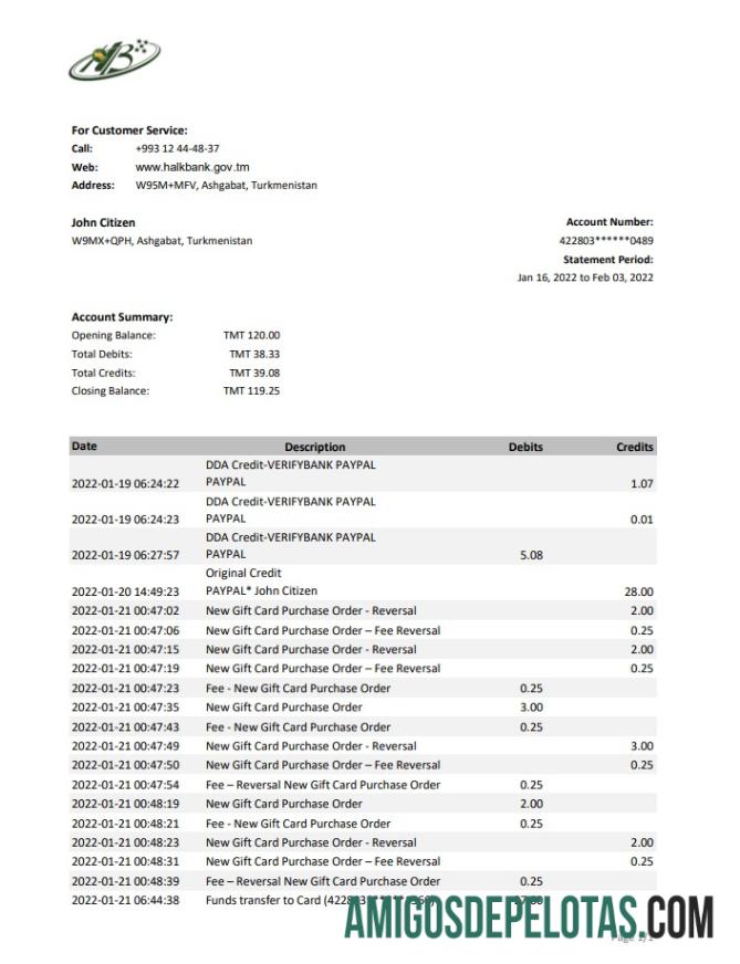 Extrato bancário realista do Turcomenistão HalkBank, modelo Excel e PDF